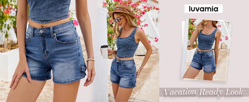 luvamia Jean Shorts for Women Trendy High Waisted Denim Shorts Carpenter Stretchy Summer Casual Mom Cut Off Jeans Shorts nice  jeans  Basic Trouser Womenswear