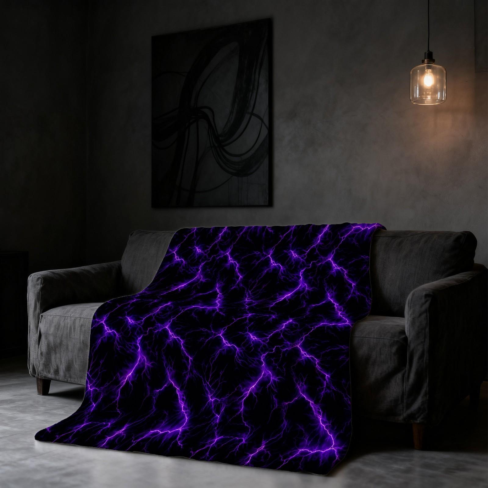 Purple Lightning Flannel Blanket, Single-Side Printed, Cool & Trendy Neon Style, Soft & Skin-Friendly, Multi-Use Throw for Sofa, Bed, Camping & Travel, All-Season, Perfect Gift Option