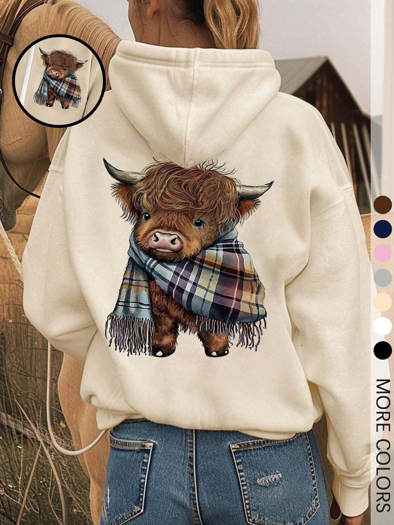 Cozy Fleece-Lined Printed Hooded Fitted Long Sleeves Sweatshirt, Funny Sweatshirt, Cute Highland Cow Animal Design, Unisex Casual Winter Fashion Womenswear with Soft Warm Plush Interior for Cold Weather Aesthetics, Casual Fitted Hoodie