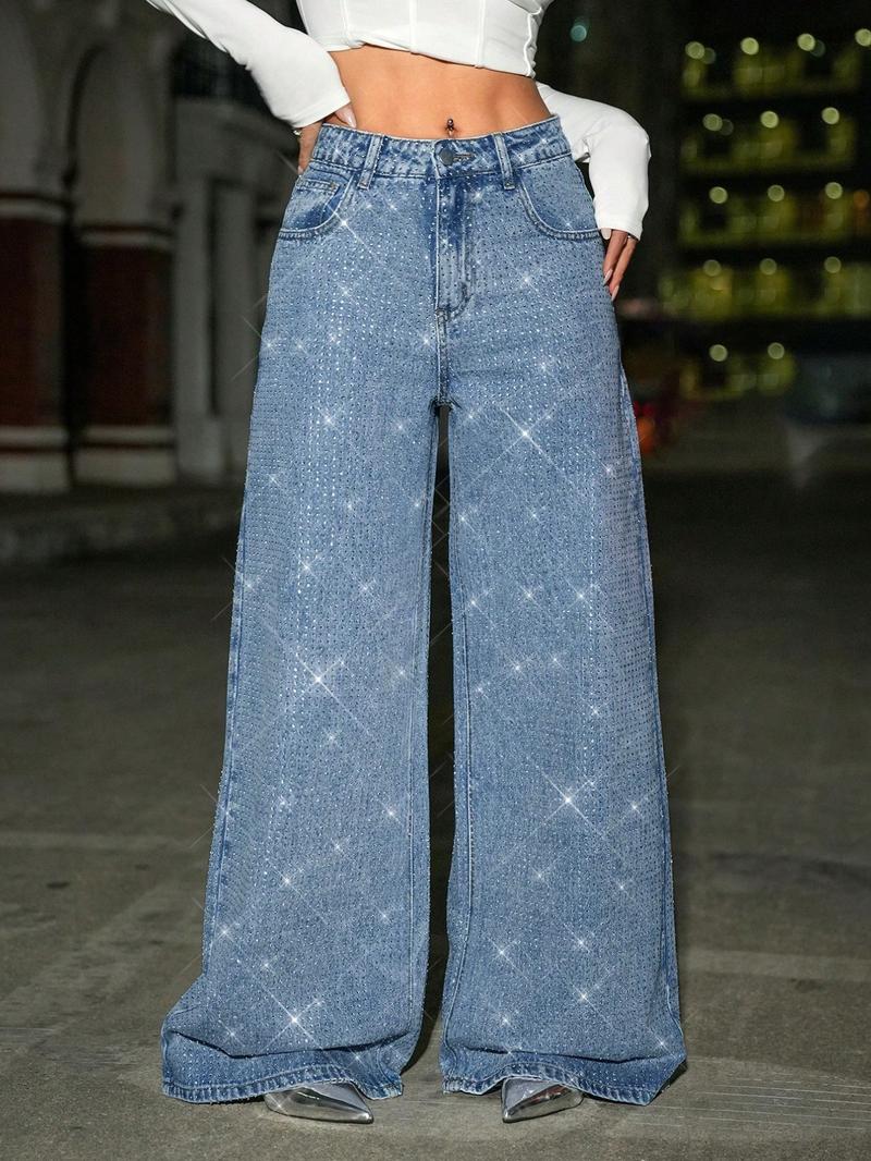 Women's Fashion Denim Trendy Wide Leg Comfortable Rhinestone Design Elegant Long Pants, Fitted Plain Style, All Seasons
