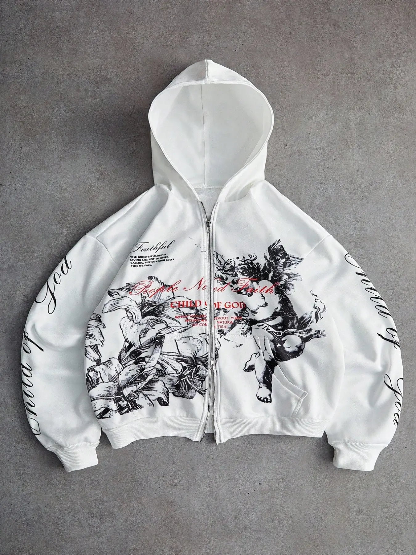 Manfinity Streetrush Men's Angel Floral Graffiti Zip Up Hoodie,Black And White,Winter,Streetwear,City Break Retro Graphic White Sweatshirt Long Sleeve