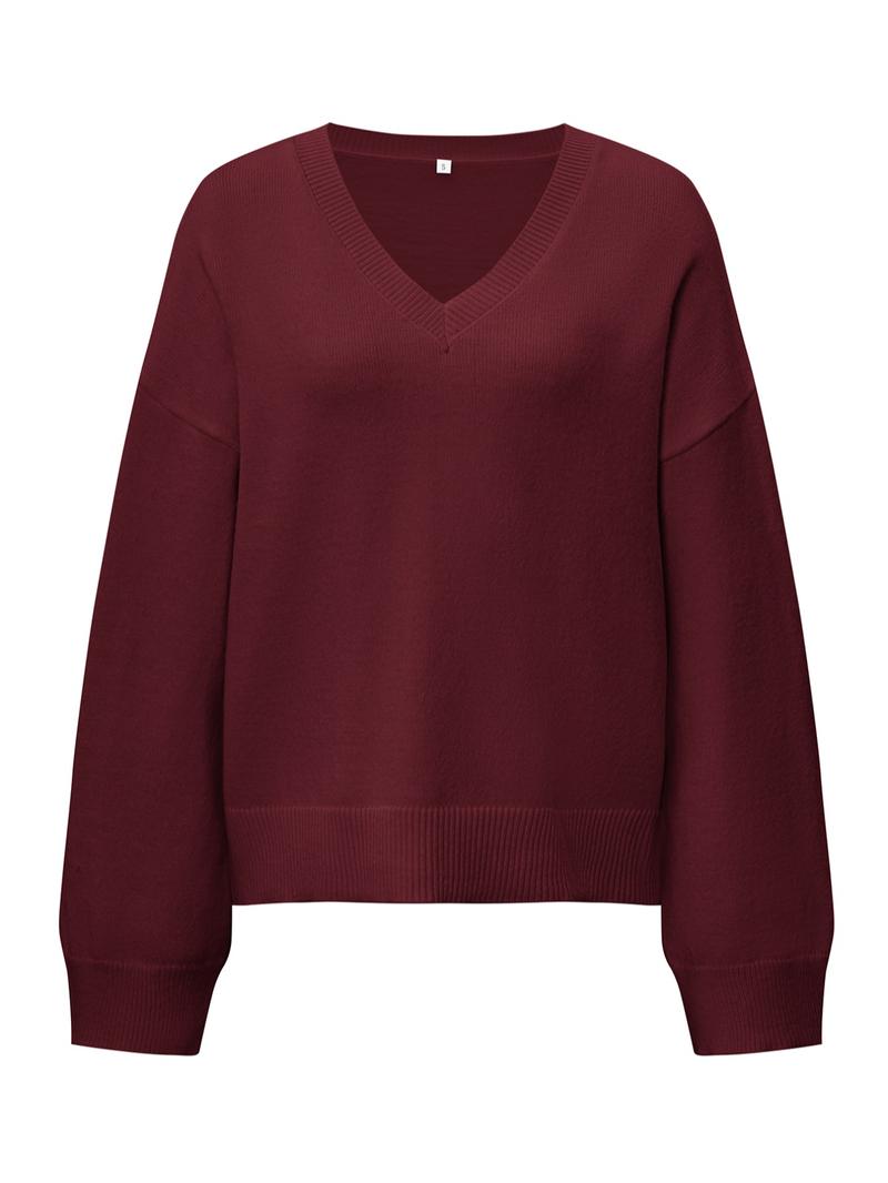 Pure Color Casual V-Neck Long Sleeve Loose Knit Sweater, Fitted Style for Fall, Comfortable and Stylish Women's Pullover