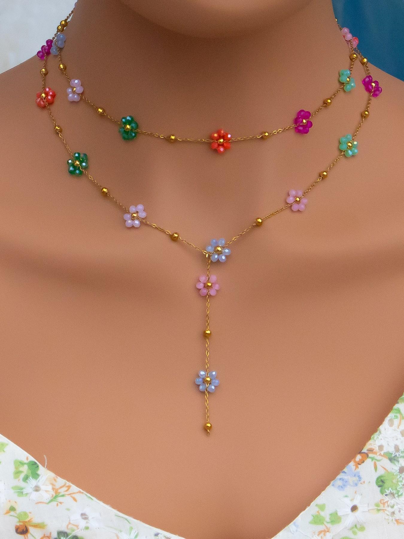 Boho Style Colorful Beaded Flower Necklace Set, Handmade Daisy Pendant Fringe Design, 14k Gold Plated Chain Jewelry Gift