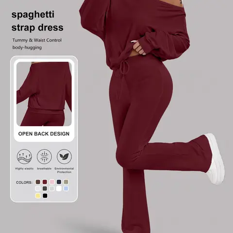 Women's 2-Piece Set, Plain Color, One-Shoulder Long Sleeve Top, High Waist Drawstring Pants, Slim Fit, Casual Style, Spring Summer Fall Winter