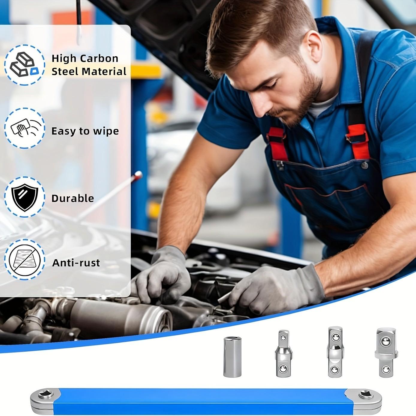 Offset Wrench Set, 15 Inch Impact Offset Wrench Kit, Automotive Offset Wrench, Includes 1/2", 1/4", 3/8" Square Adapters, Ideal for Tight Spaces