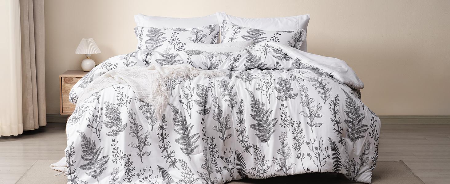 PHF Soft Printed Comforter Set, 3 counts/set Lightweight Botanical Floral Reversible Comforter with 2 Pillow Shams for All Seasons