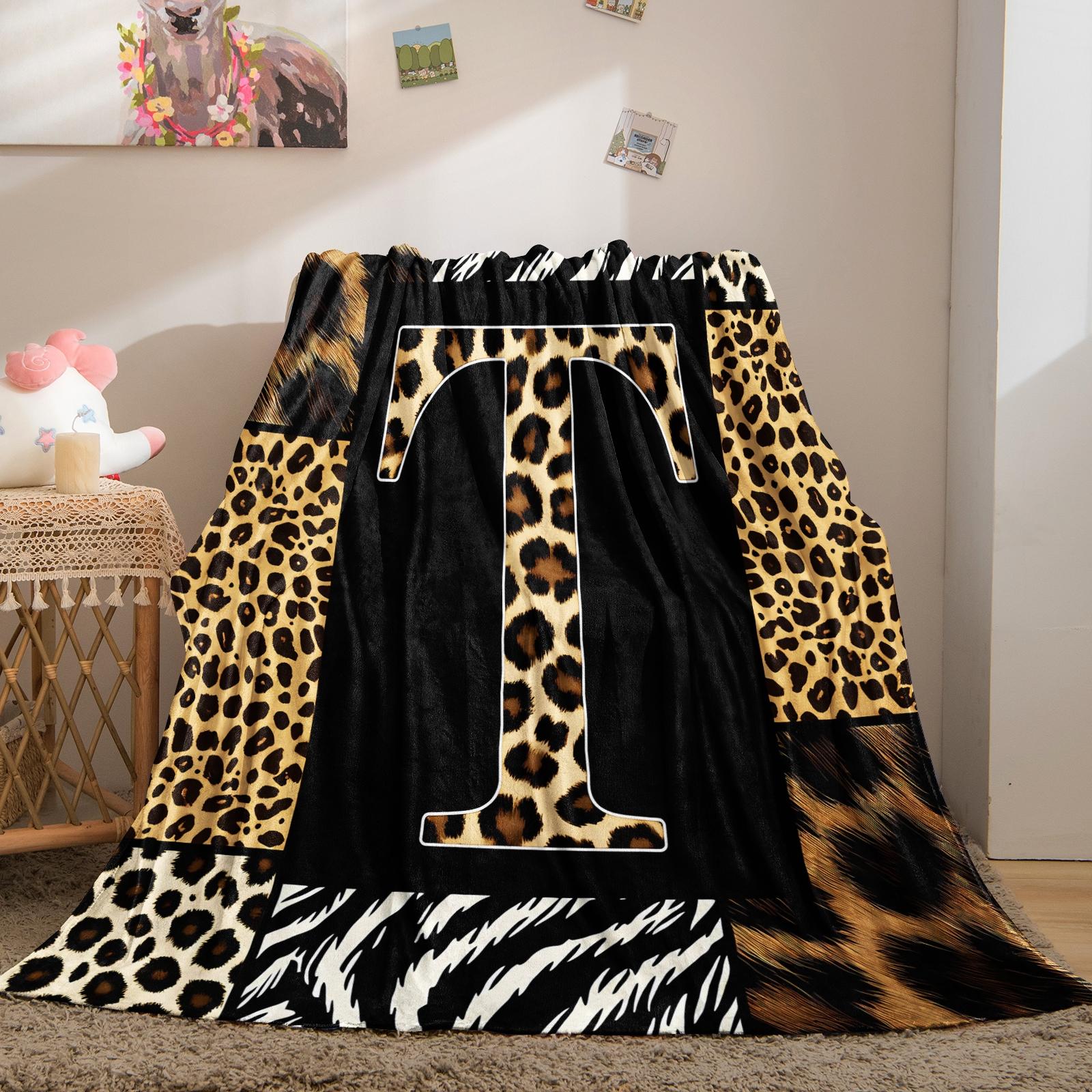 Animal Print Monogram Throw Blanket, Leopard Zebra Tiger Initial Soft Flannel Blanket for Sofa Bed, Gift for Animal Lovers