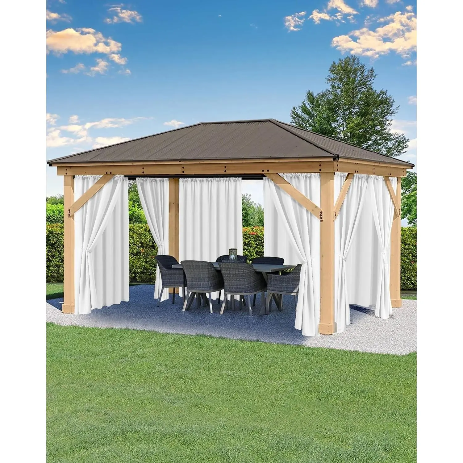 Waterproof Patio Outdoor Curtains with Rod Pocket, 6 Pcs UV & Privacy Protect Weatherproof Drapes for Gazebo Porch Balcony Apartment Sliding Glass Door, White, 54x84 Inch