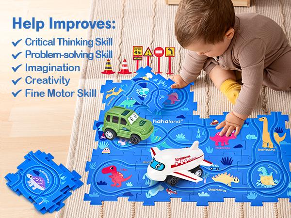 hahaland 12 PCS Racer Car Track Set, Dinosaur-Themed Puzzles, Educational Montessori Toys for Kids, Birthday Gifts, Boy Girl Toys