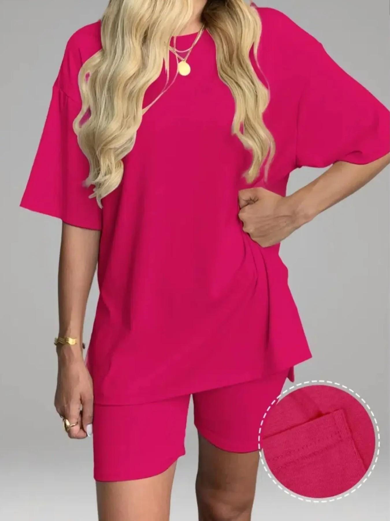Women's Solid Color T-Shirt and Tight Shorts Set, Casual Summer Comfort Round Neck Sleepwear, Pocket Design, Outdoor Wear Women's Solid Color T-Shirt and Tight Shorts Set, Casual Summer Comfort Round Neck Sleepwear, Pocket Design, Outdoor Wear