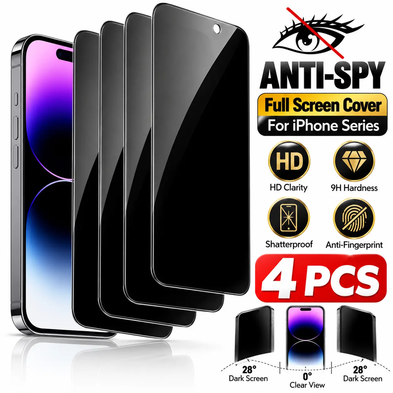 4Pcs Privacy Screen Protector Tempered Glass Compatible For iPhone 18 17 16 15 14 13 12 11 16e Plus Air Pro Max Anti Spy Tempered Glass Privacy Screen Protector Pro Max Tempered Glass Protector protective
