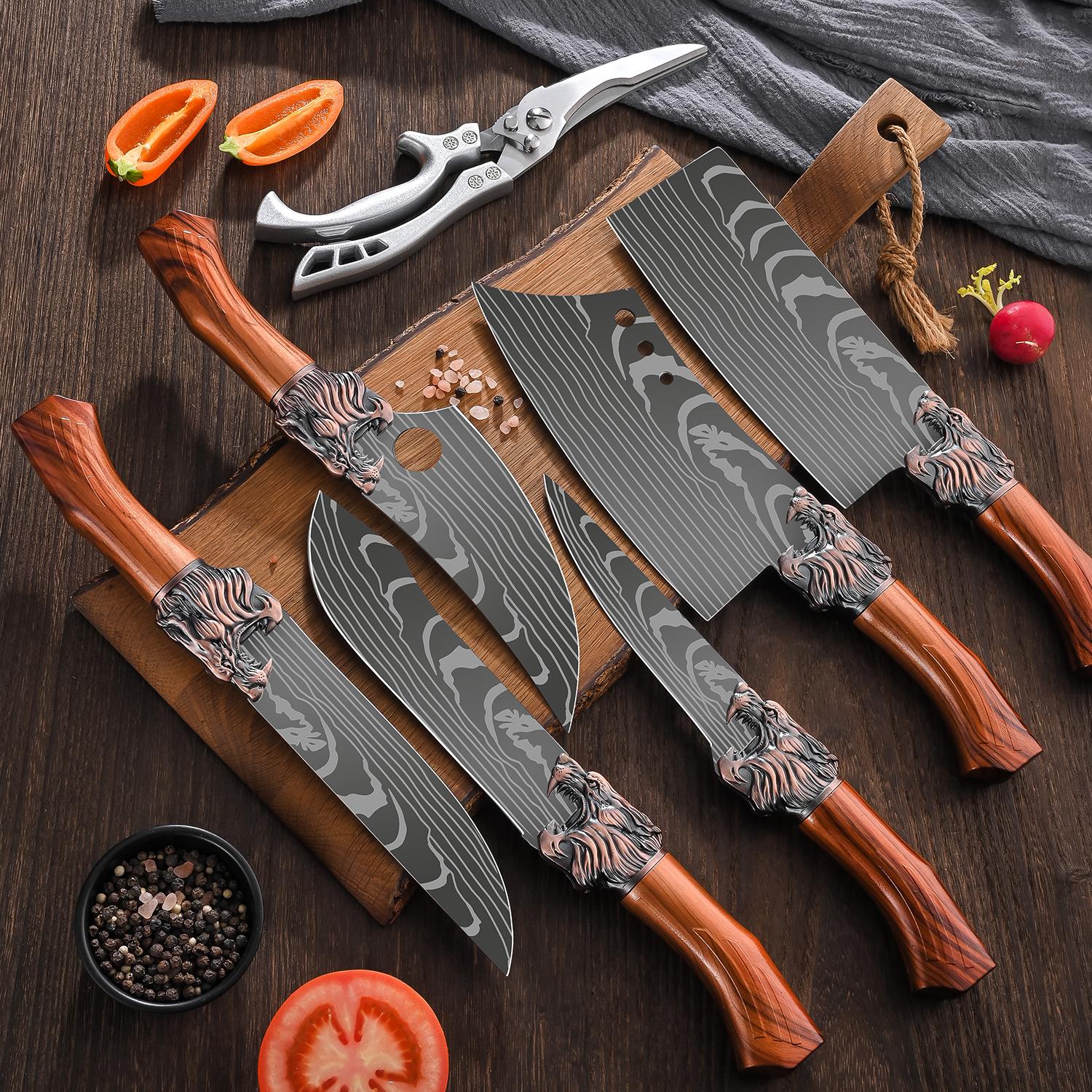 Multifunctional kitchen knife set, 7 different shapes of multi-purpose knives and 1 sharp kitchen scissors, suitable for home kitchen, restaurant back kitchen cutting meat, deboning, cutting sashimi, chopping bones