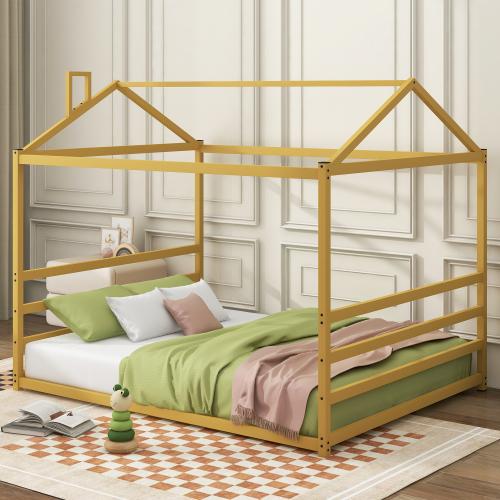 Metal House Shape Platform Bed, Gold/Black, Queen