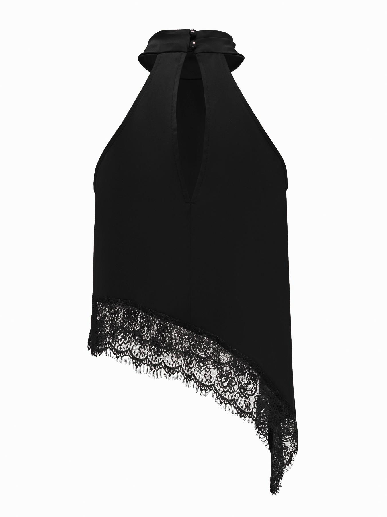 Elegant Asymmetric High Neck Satin Halter Top with Lace Trim, Sleeveless Design for Evening Parties and Formal Occasions