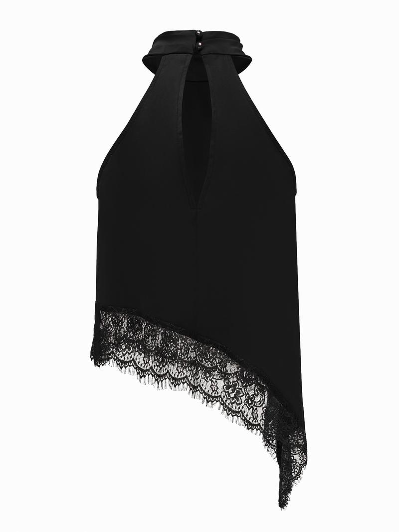 Elegant Asymmetric High Neck Satin Halter Top with Lace Trim, Sleeveless Design for Evening Parties and Formal Occasions