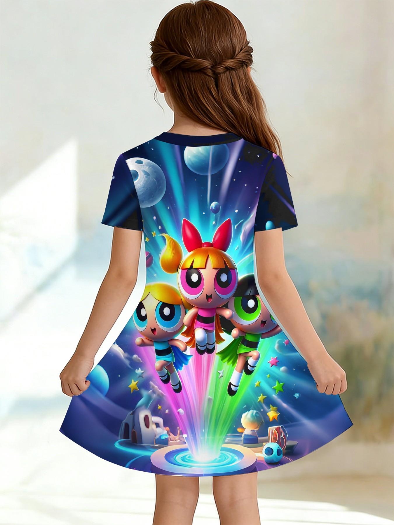 Girls' 3D Space Print A-Line Dress, Cute Cartoon Short Sleeve Skirt, Fashion Outdoor Wear, Birthday Gift, Holiday Gift