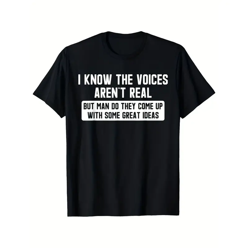 Men'S Plus Size Schizophrenia Awareness T-Shirt - I Know The Voices Aren'T Real Fun Retro Psychotic Humor Tee, Plus Size L-XXXXXL, Black White Crew Neck Casual Top with Slogan, Machine Washabsummer Essential, Perfect for Gifting