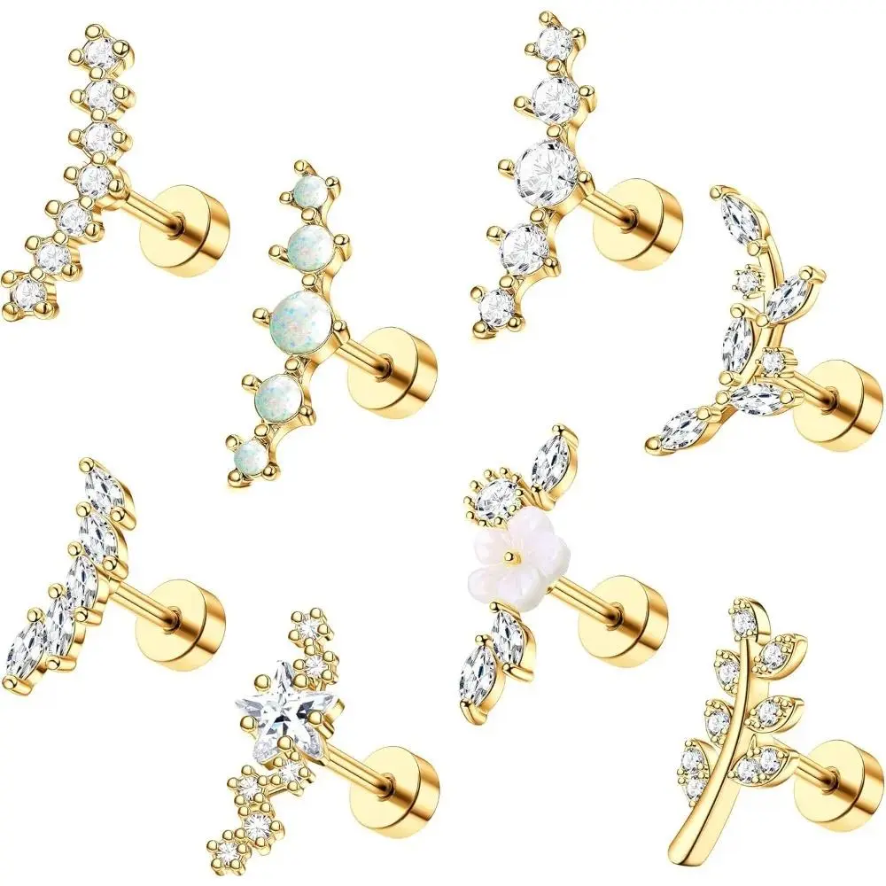 Bobisty 1pc 16G Cartilage Earring Stainless Steel Opal CZ Earrings Flat Back Cartilage Conch Helix Piercing Jewelry for Women