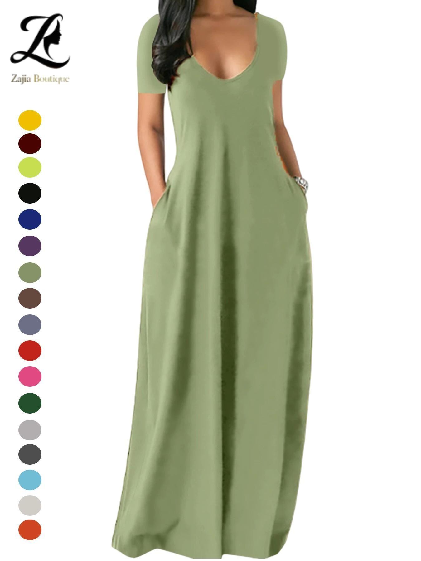 Women's Long Dress 2026, Coffee Color Everyday Casual Round Neck Short Sleeve Pockets Sleepwear, Soft Comfortable All-Season Dress