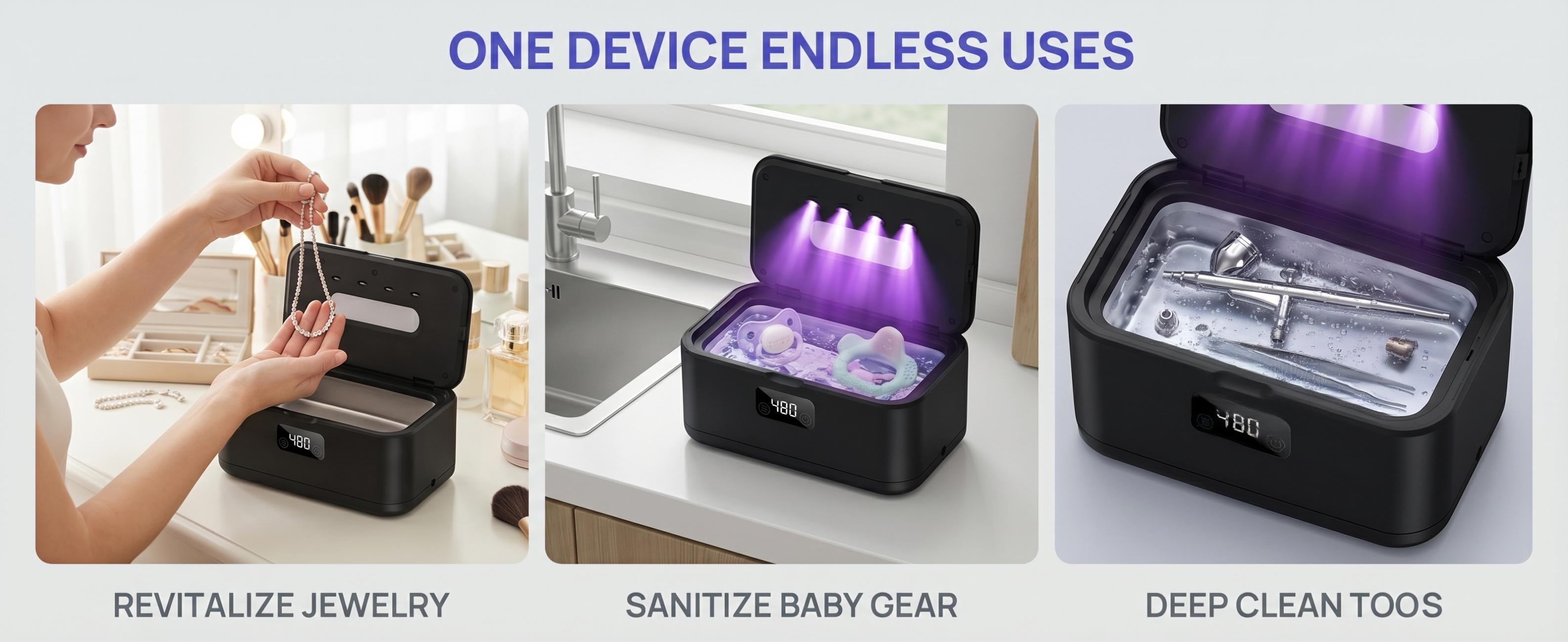 Ultrasonic Jewelry Cleaner with UV Sterilizer – 360° Deep Clean for Rings, Glasses & Watches, Portable Plug-In Washer