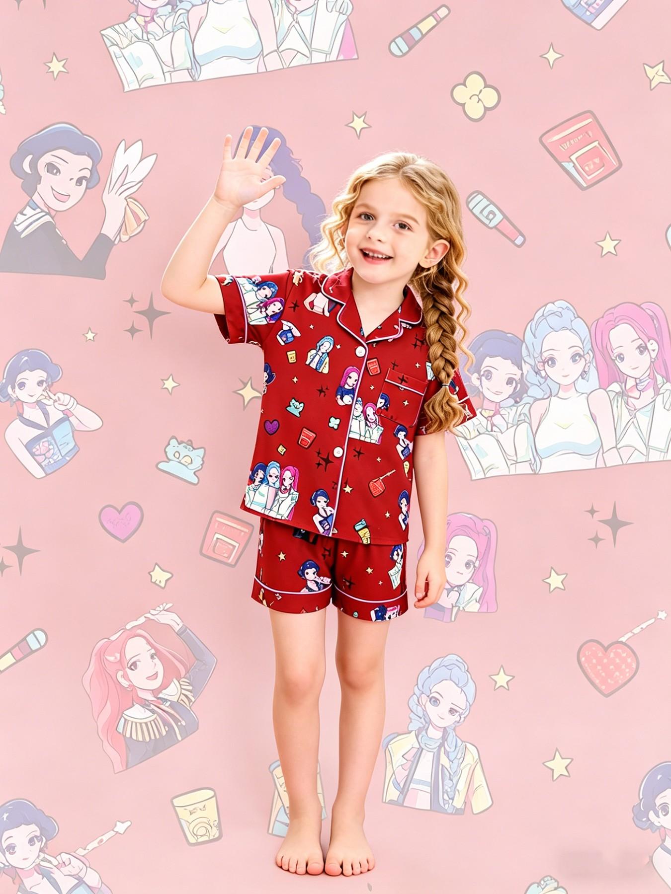 2-piece children's set featuring full-body K-pop cartoon girl prints, short sleeves, shorts with soft and comfortable top, small pockets, lapel design, elastic waistband, suitable for year-round home wear, casual leisure children's pajama set