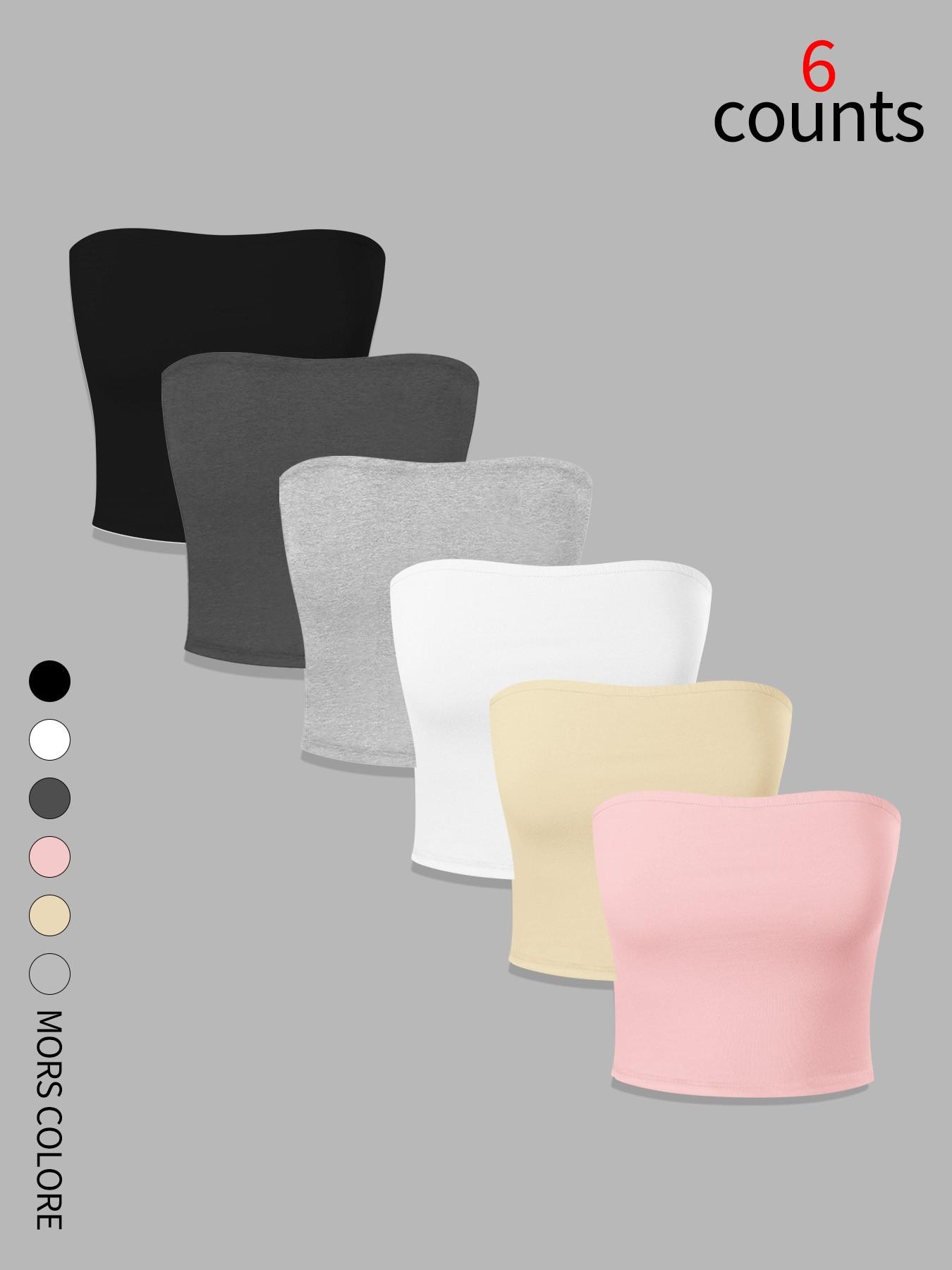 Women's Basic Solid Color Tube Top (6 Pack), Strapless Short Waist Design, High Stretch Knit Fabric, Fit, Versatile for All Seasons, Womenswear