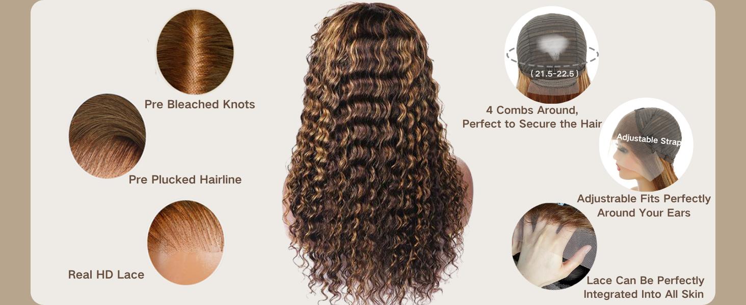 4/27 Highlight Lace Front Wigs Human Hair Pre Plucked Bleached Knots 180% Density 13x4 HD Ombre Honey Blonde Deep Wave Human Hair Wigs with Baby Hair 30inch