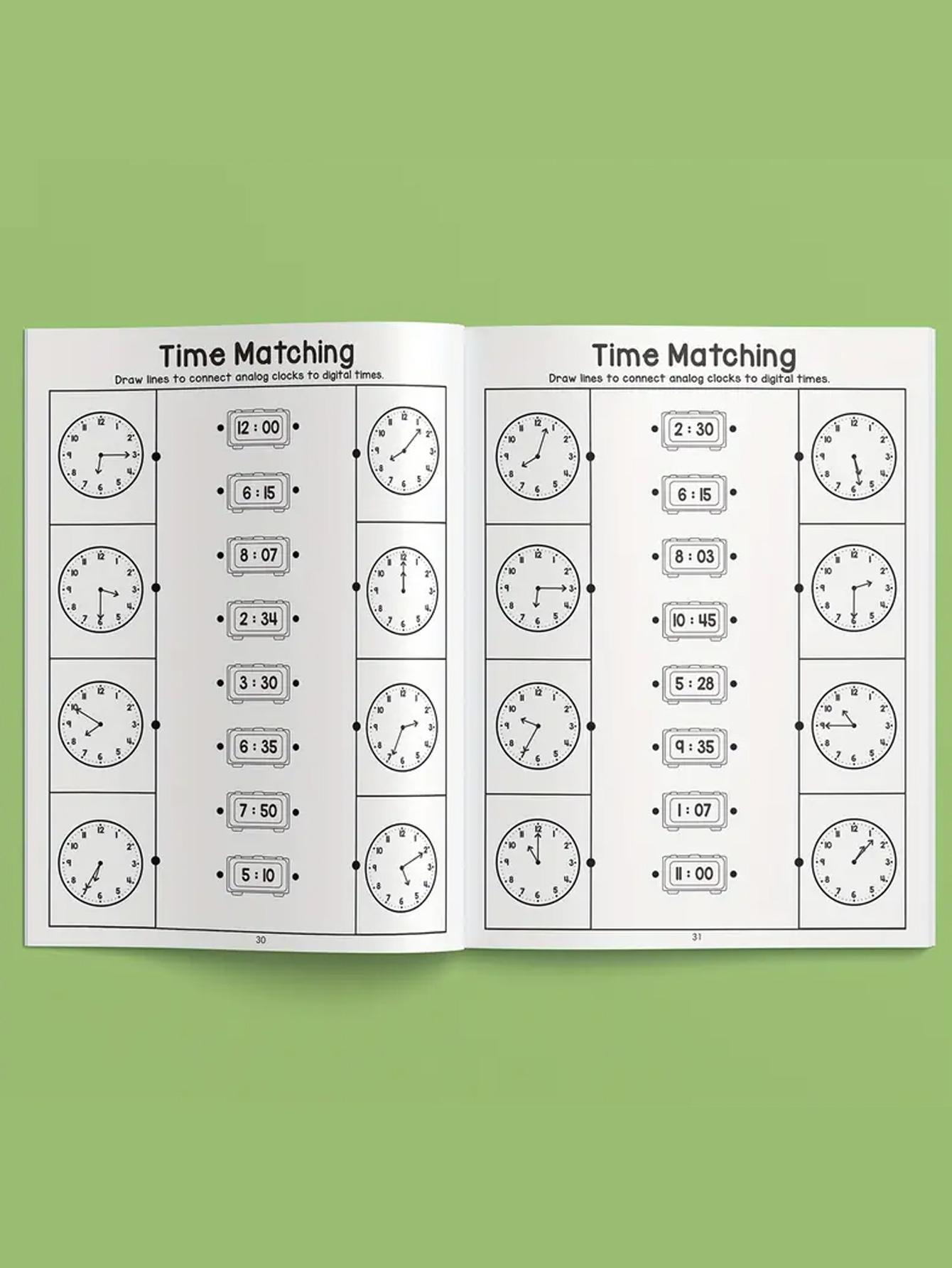 Time Table Practice Book, Learn Reading Analog and Digital Clocks, Colorful Clock Faces, Kindergarten Grade 1 Math Activity, Math Learning Workbook