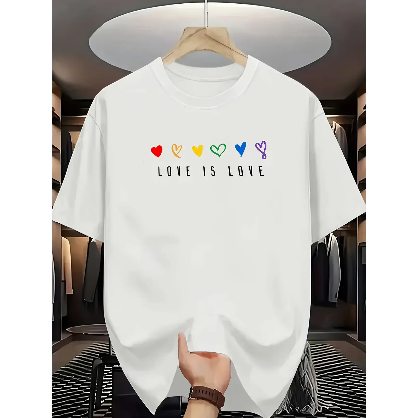 Rainbow Hearts Love Is Love Graphic T‑Shirt,Cotton Oversized Comfort Cute Fashion Outfit,Best Holiday Gift for Him Her Lover Family Friends,Ideal Valentine Day Present