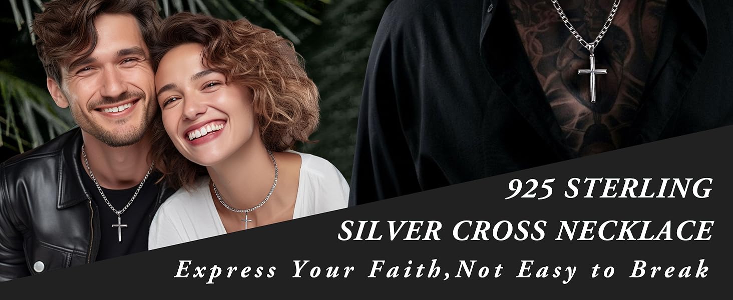 925 Sterling Silver Cross Necklace for Men Women Durable Stainless Steel Figaro Link Cuban Chain Crucifix Pendant Necklace Jewelry 2pcs Length Chains