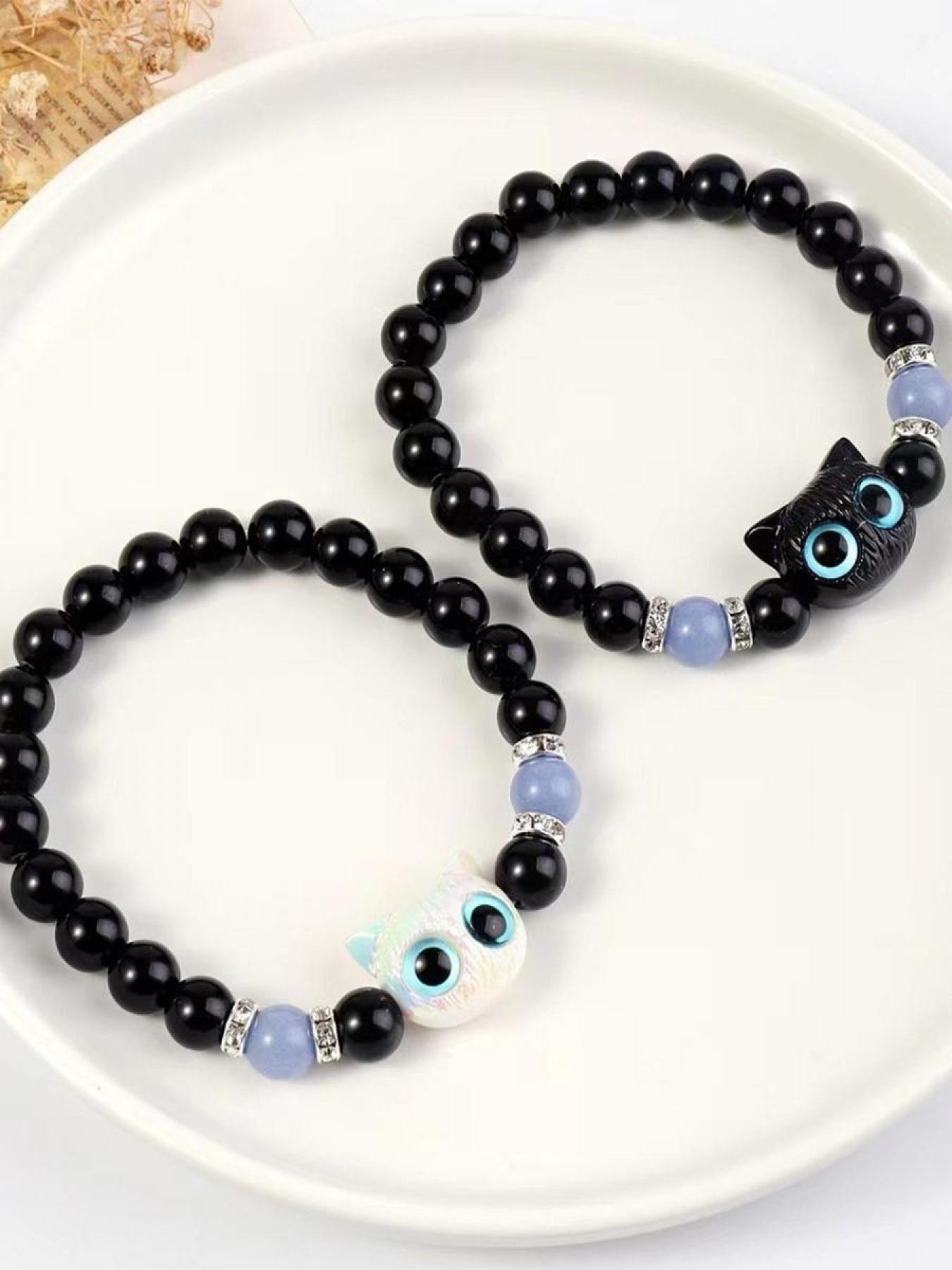 Cute Cat Charm Glow in the Dark Beaded Bracelets, Trendy Animal Pattern Jewelry, Casual All-Season Accessory for Women & Men