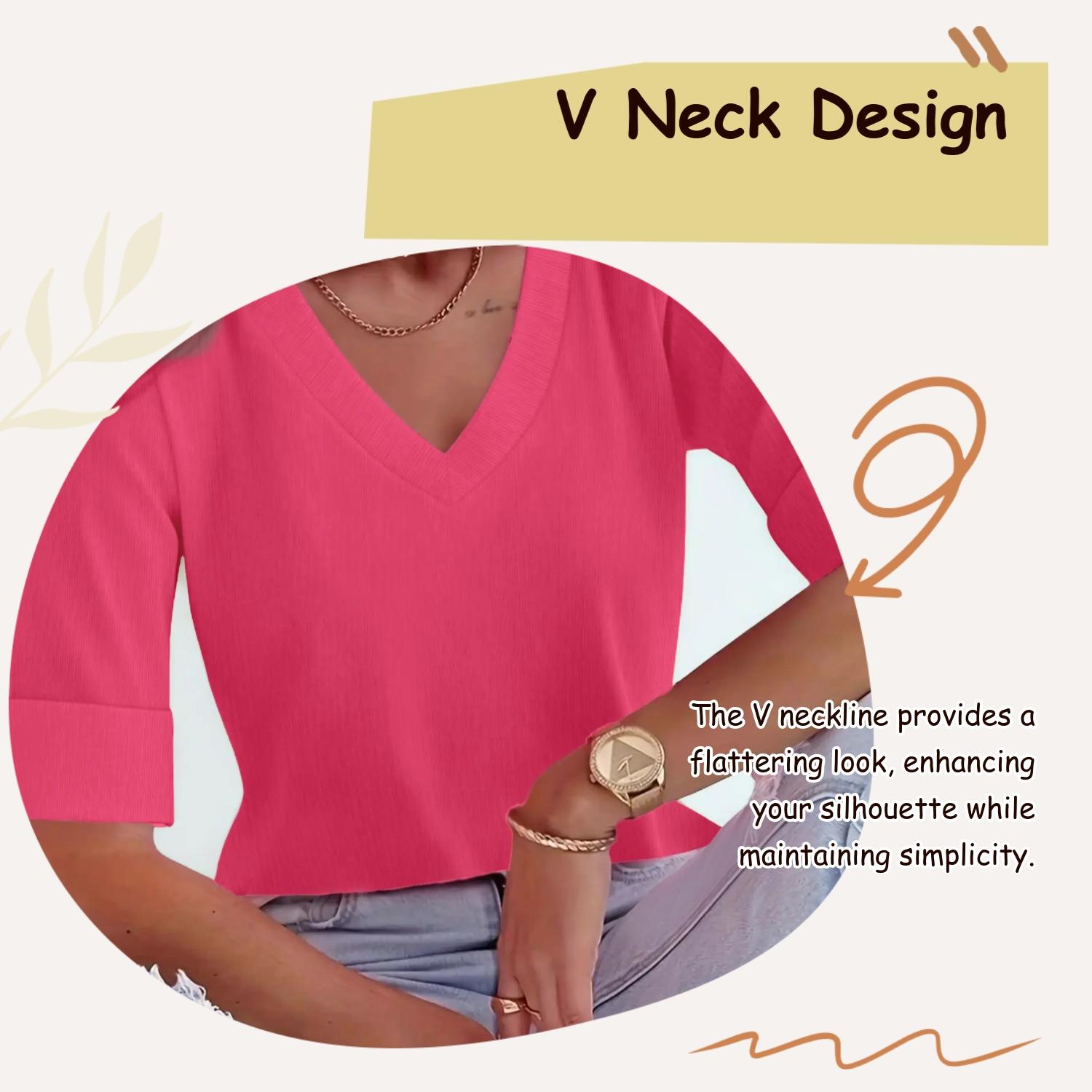 Plus Size Solid V Neck Roll Up Sleeve Tee, Casual T-shirt , Women's Plus Clothing for Daily Wear, Cute Tops, Quality and Durability