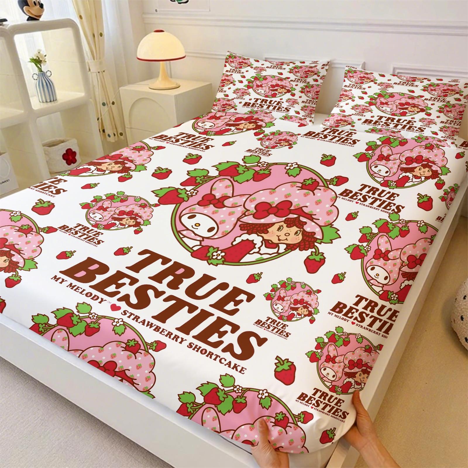 Q Version Strawberry Sweetheart Cartoon Fitted Sheet Set & 2 Pillowcases No Core, Wavy Stripe Design Paired with Cute Cartoon Characters, Soft Anti-Slip Wrinkle-Resistant, Girls' Bedroom Decor, Gift Choice