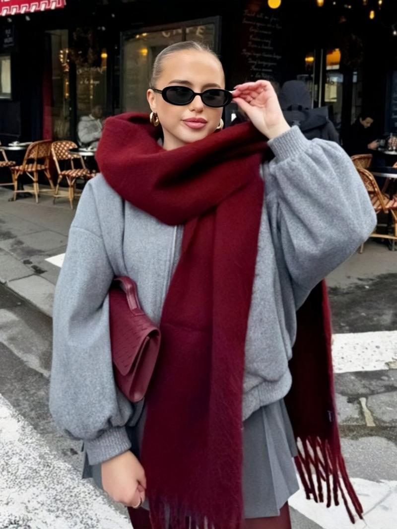 Solid Color Tassel Decor Fluffy Soft Scarf, Elegant Thickened Shawl for Women & Men, Fashion Accessories for Fall & Winter