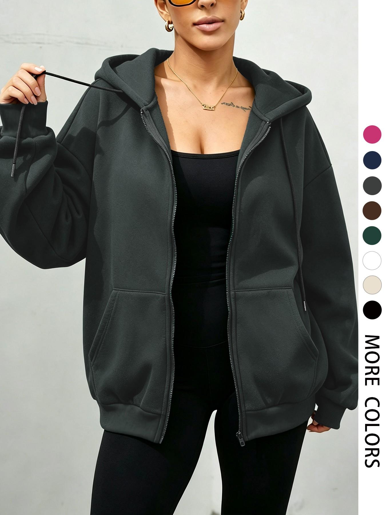 Women's Zipper Drawstring Hoodie, Long Sleeve Pocket Detail, Loose-Fit Casual Sweatshirt for Fall & Winter, Outdoor & Daily Wear