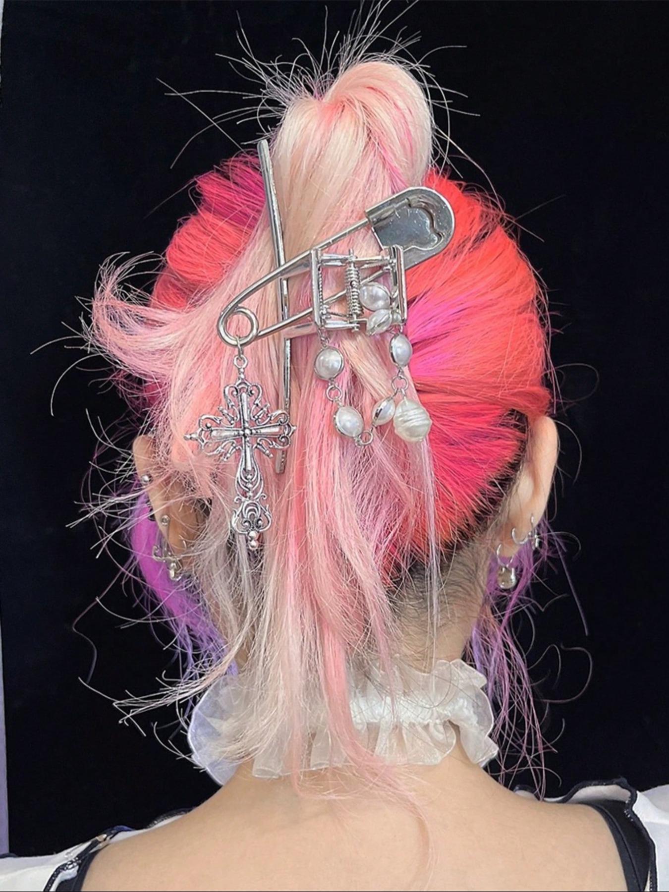 Faux Pearl & Chain Decorated Hair Claw, Hair Clip, Hairpin, Y2K Punk Style Hollow Out Design Hair Accessories for Women & Girls, Vintage Hair Accessories for Daily Wear