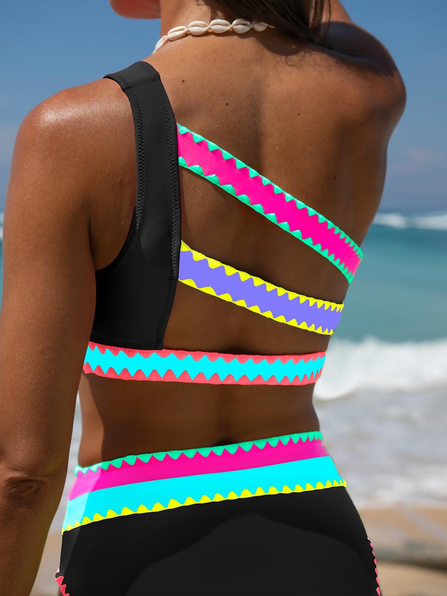 Popvil Sporty Color Block Patchwork Bikini Set,Tummy Control Neon Swimsuit with Hollow Back,High Waisted One-Shoulder Bikini Set,dealsforyoudays