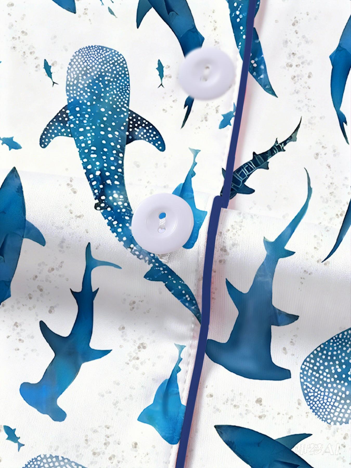 Women's Shark Print Pajama Set, Short Sleeve Button-Up Top and Elastic Shorts, Casual All-Season Sleepwear, Comfortable Home