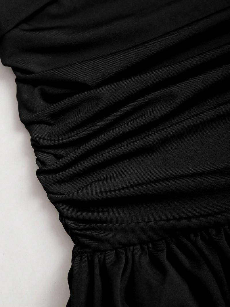 Women's French Vintage Lace Patchwork Off-Shoulder Ruched Waist Double Layer Cake Skirt Elegant Long Sleeve Dress