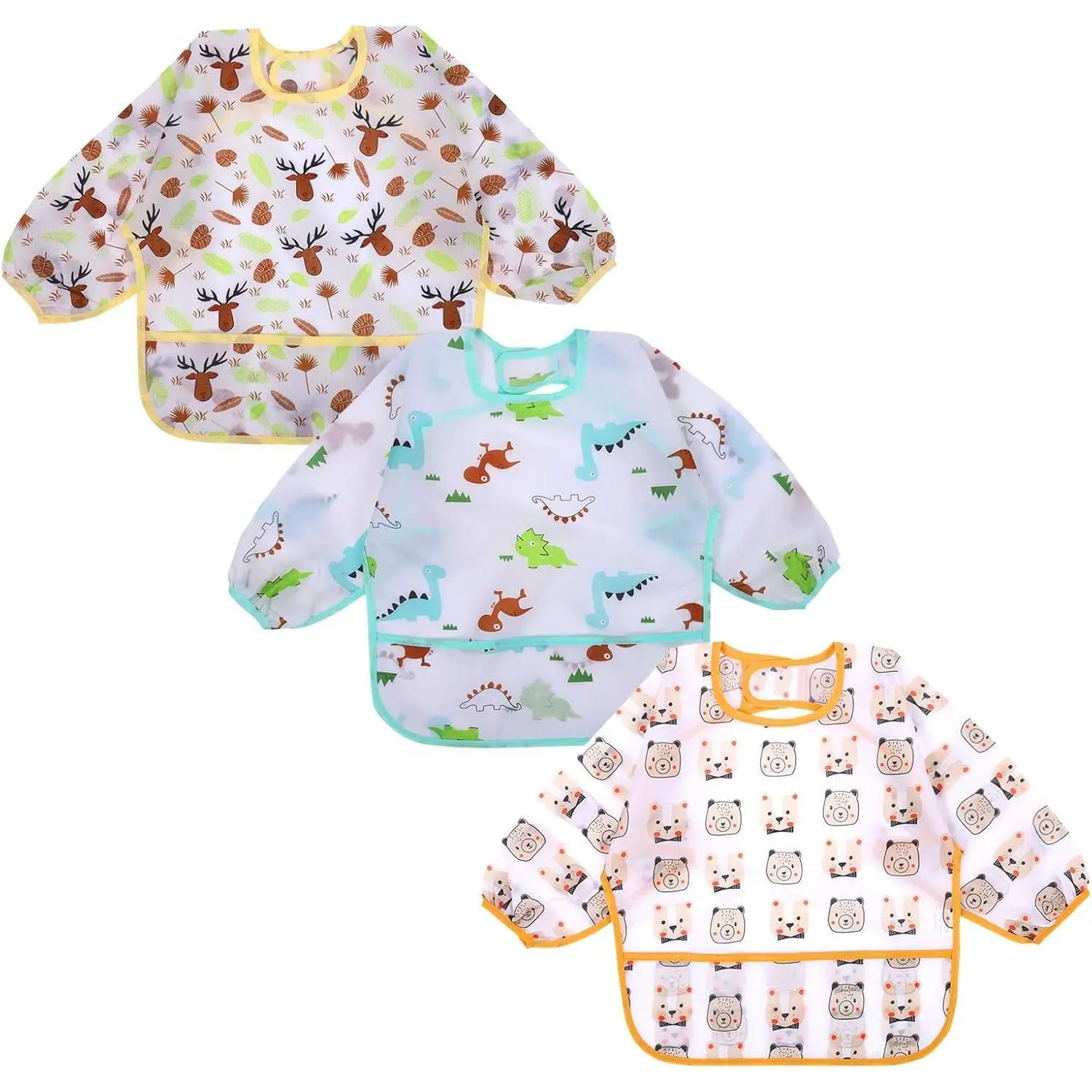 3 Pack Waterproof Long Sleeve Bibs for Baby & Toddler 6-24 Months, Comfortable Full Coverage Smock with Catch-all Pocket for Feeding & Drawing, Feeding Bibs, Strap, Safe Fabric, Pocketed Bib