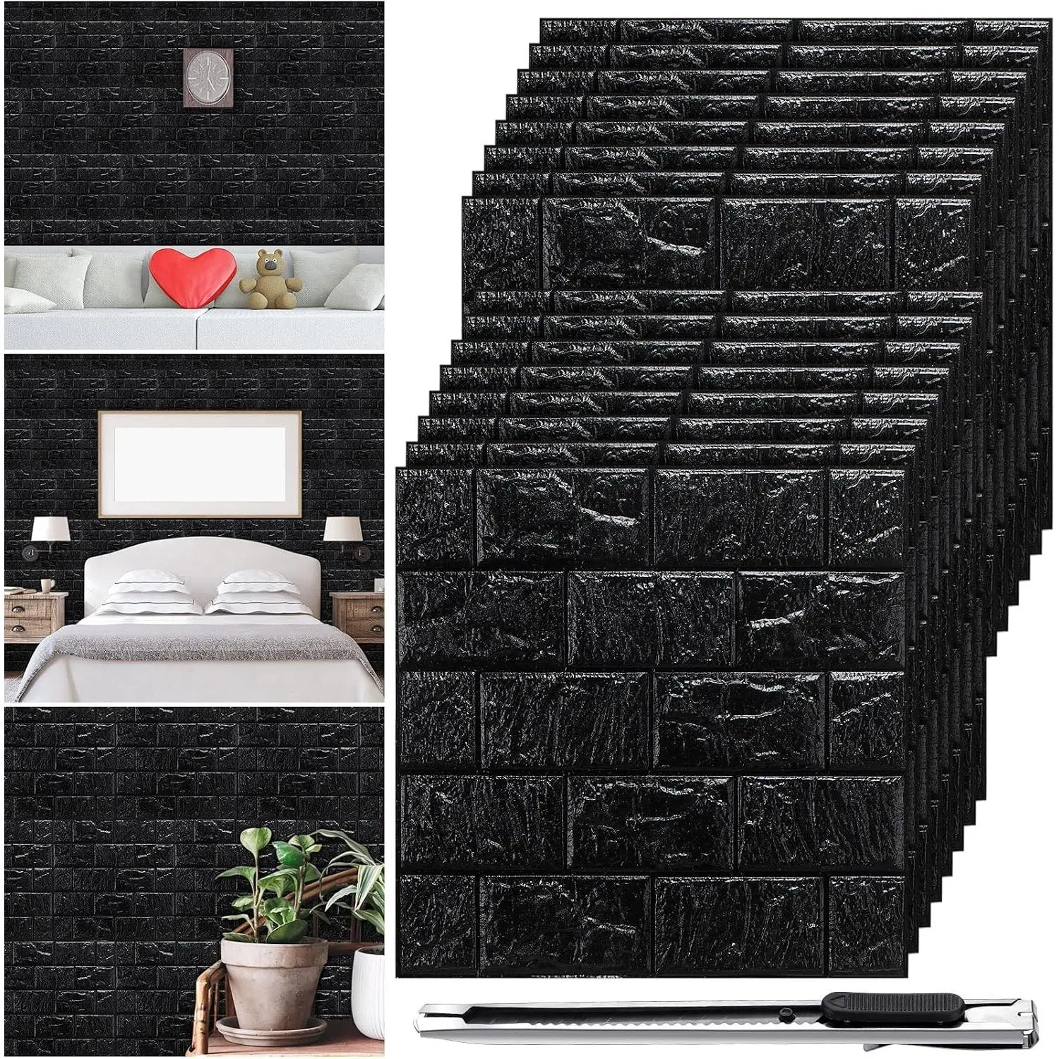 60 Pcs 58 Sq ft 3D Peel and Stick Faux Foam Brick Wallpaper Adhesive Wall Covering Decorative Waterproof Medieval Tiles for Bedroom Black