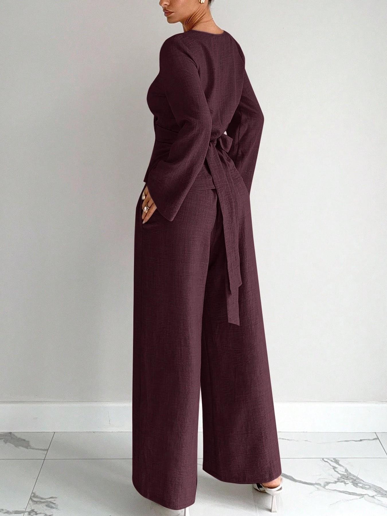 Elegant Women's 2-Piece Set Suits, Plain Color Layered Neck Crop Shirt with Bell Sleeve, Long Pants, Fall Winter for Parties