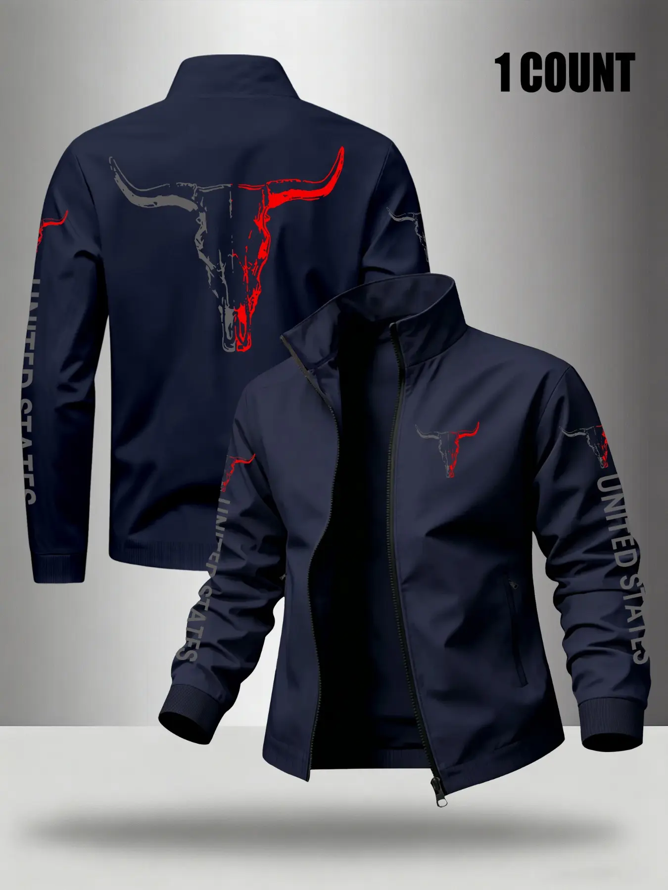 Men's Stand Collar Zip Up Jacket Bull Skull Graphic Outerwear, Lightweight Fabric Outerwear, Lightweight Casual Windbreaker, Long Sleeve Zipper Coat, Western Style Streetwear, Daily Outdoor Wear For Men