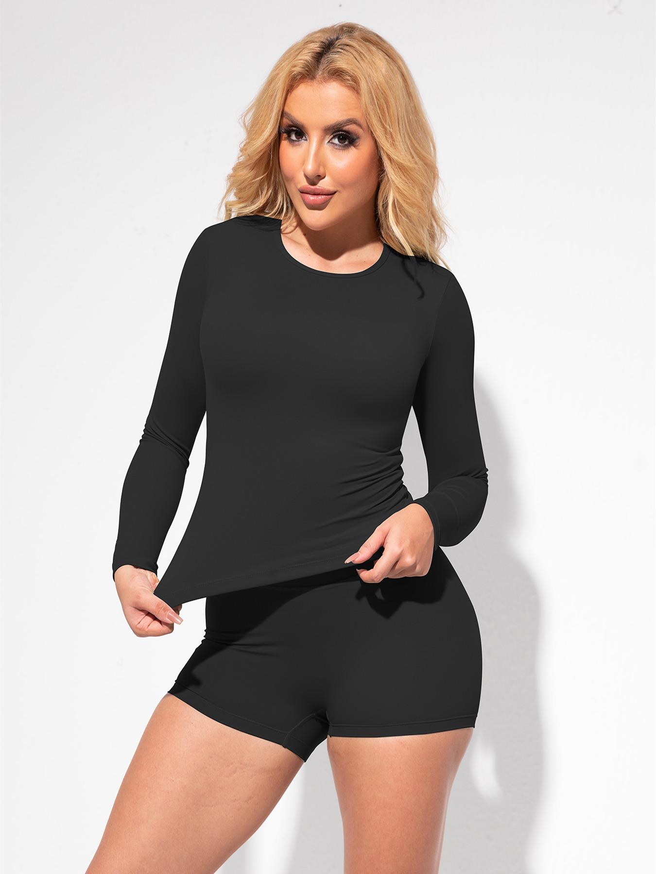 3 Pcs Sporty Long Sleeve Shirts, High Elasticity Waist Slimming Quick-Dry Breathable Fabric, Ideal for Running Gym Travel Home Wear, Athletic Fashion Activewear