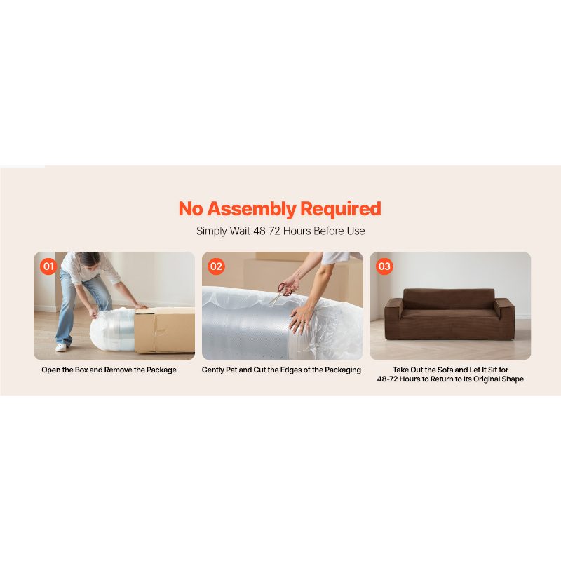 VEVOR 3-Seater Sofa in a Box, 83-Inch No Assembly Corduroy Couch with Memory Foam, Deep Seats for Living Room, Apartment, or Office, Brown