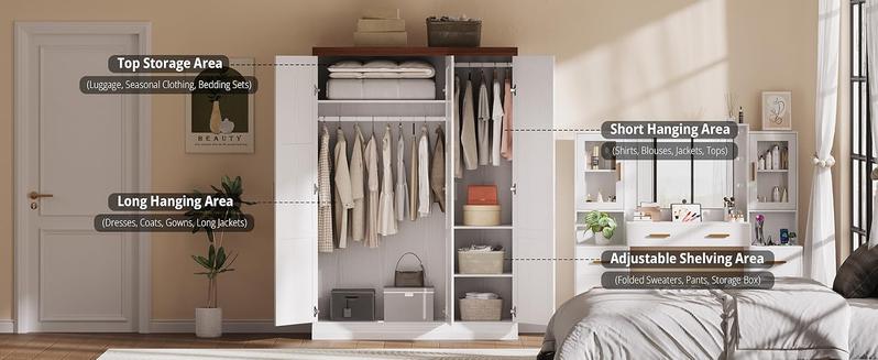 ANCTOR Armoire Wardrobe Closet with Mirror, 70.9" H × 36.2" W, Bedroom Armoires with 4 Doors, 3 Drawers and Shelves, Large Clothing Storage Cabinet for Hanging Clothes