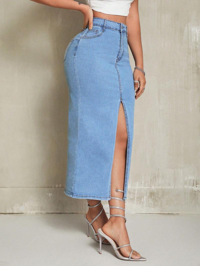 Women's Casual Elastic Front Slit Denim Skirt, Fashionable Comfort Design, Perfect for Daily Wear, Multifunctional Stylish Item