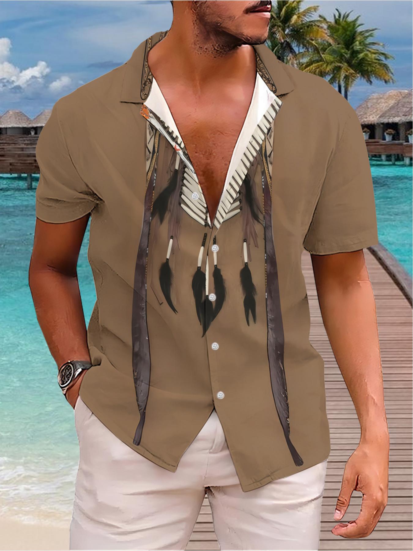 Men's Hawaiian Shirt - Flat Digital Print Pattern - No Texture - Ornate Bone Necklace with Feathers, Fashionable and Simple Short Sleeves, Buttoned, Casual Collar Shirt, Stylish and Versatile, Suitable for Dates, Beach Vacations, a Perfect Gift for Men