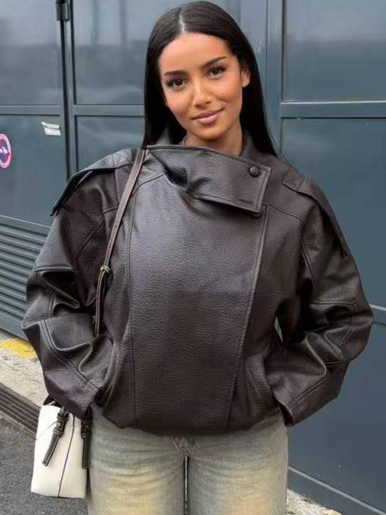 Fashion Oversized Asymmetrical Zip Motorcycle Jacket, Coats