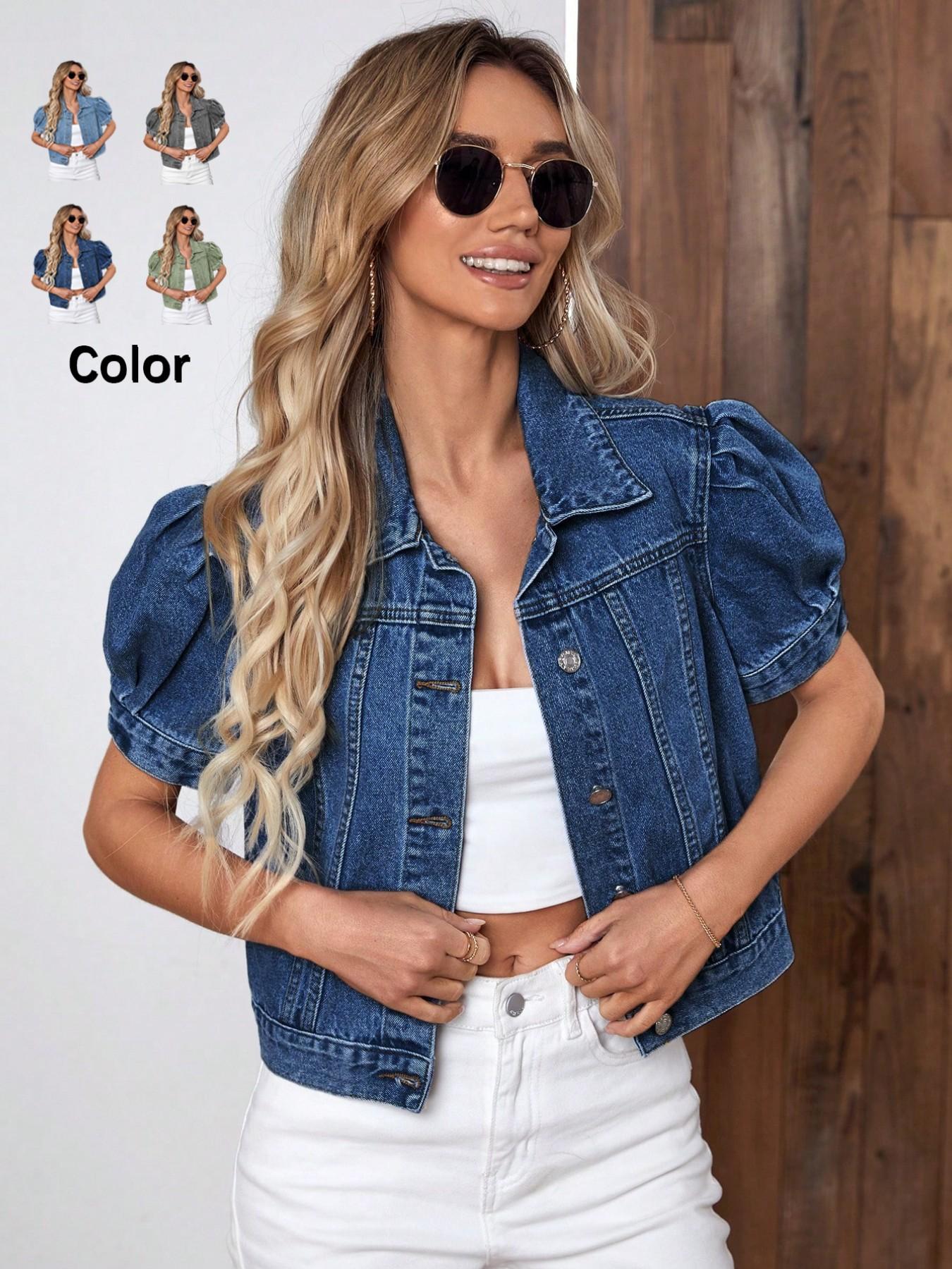 Women's Vintage Bubble Sleeve Denim Jacket, Summer Thin High Waist Crop Top, Casual Fashionable Short Jean Coat for Women
